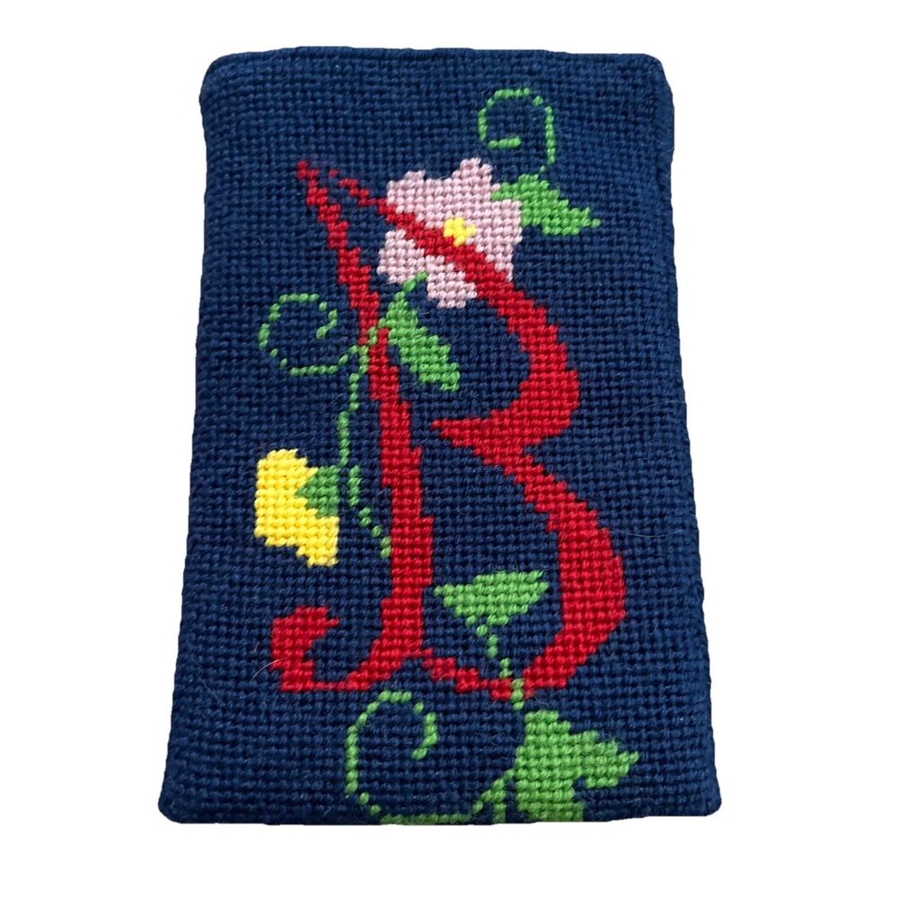 Needlepoint Eyeglass Sunglass Case Blue Letter B Floral Velvet Lined Vtg